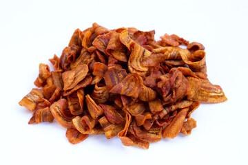 Banana slice chips on white background.