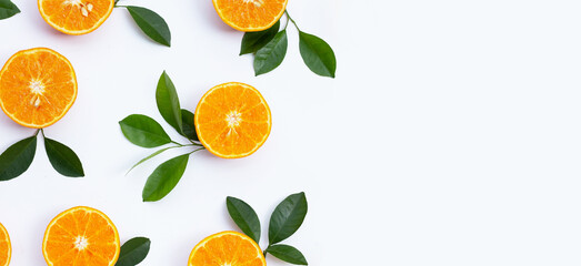 Fototapeta na wymiar Orange fruits on white background. Citrus fruits low in calories, high in vitamin C and fiber