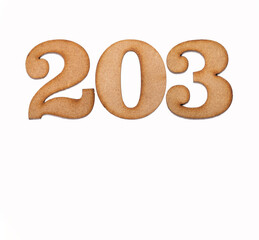 Number 203 in wood, isolated on white background