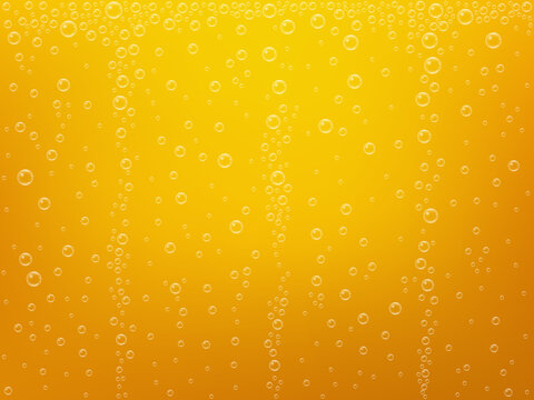 Beer bubbles background. Realistic beer texture. Yellow alcohol wallpaper. Cold drink backdrop for poster, brochure or website. Glass with cool beverage. Vector illustration