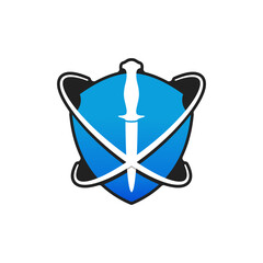 Dagger Knife sword with blue shield badge vector illustration logo design inspiration