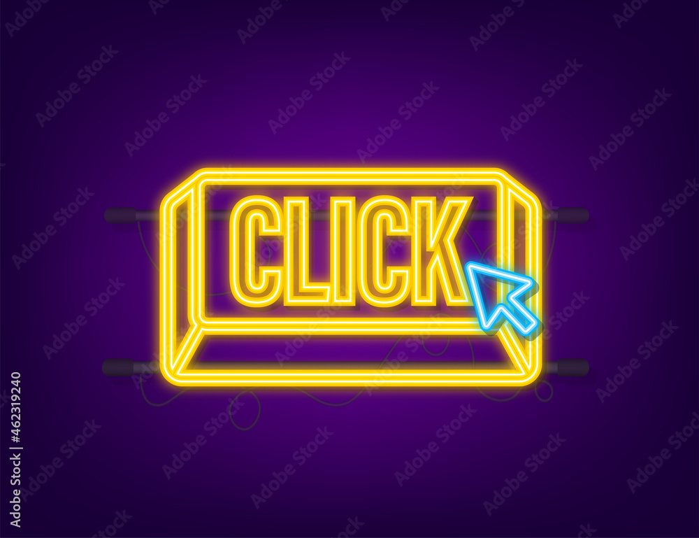 Poster click button with hand pointer clicking. neon icon. vector stock illustration