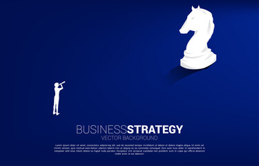 Silhouette of businessman looking through telescope to knight chess piece 3D silhouette vector. icon for business planning and strategy thinking