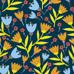 Dark Blue with blue and orange flowers and yellow leaves seamless pattern background design.
