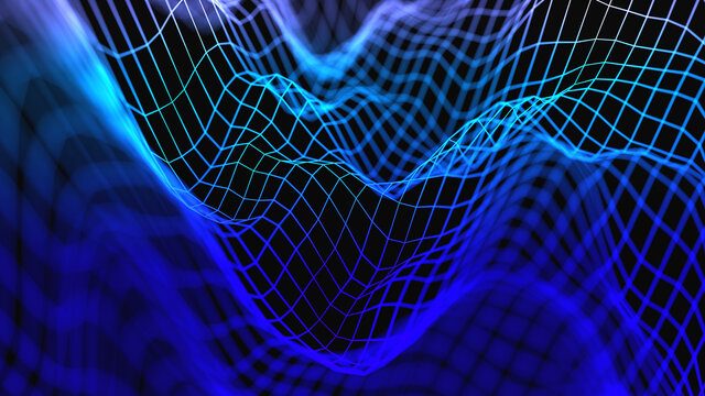 Three dimensional trends. Blue glowing grid with peaks and dips. Shallow depth of field. 3d illustration, 3D render.