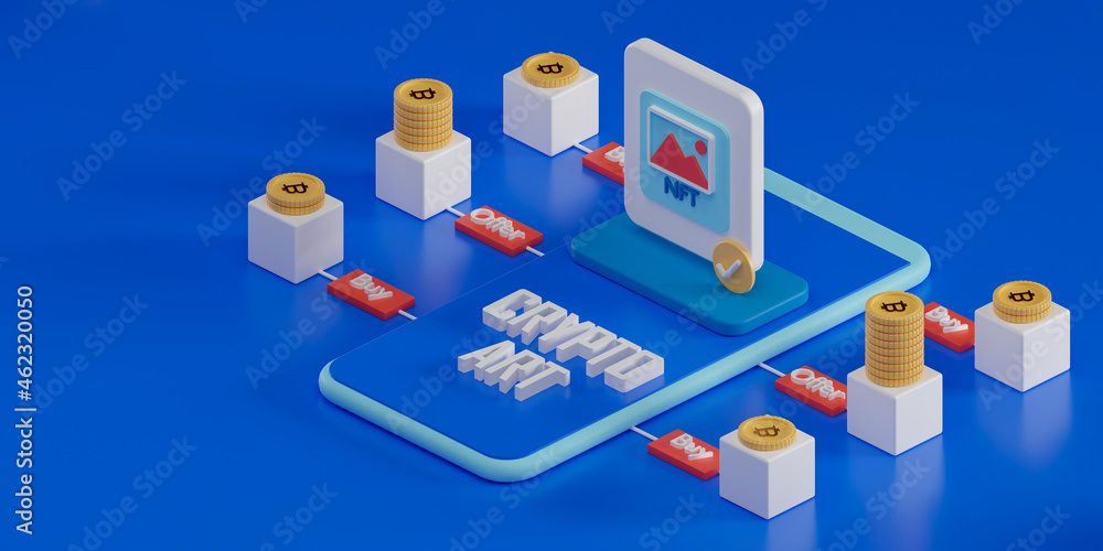 Poster 3d rendering concept nft or non fungible token. concept blockchain technology isometric illustration