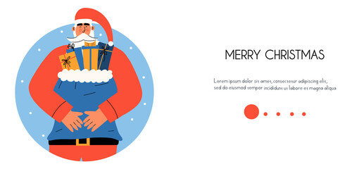 Fototapeta premium Landing page with santa claus holding a bag of gifts. Promotional banner about Merry Christmas. Vector illustration in flat style