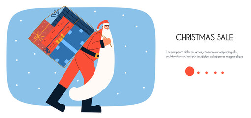 Santa claus landing page with gifts. Promotional banner about New Year's sale. Vector illustration in flat style