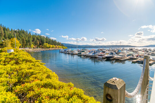 A Marina Full Of Boats And Yachts Near The Silver Beach Area Along The Lake At The Resort Mountain Town Of Coeur D'Alene, Idaho, USA.