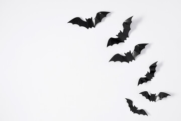 Halloween decorations concept. Halloween bats on white background. Flat lay, top view, copy space