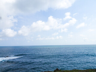 the cloudy sky and the skyline on a sunny day. the cloudy weather on the ocean. the scenic view of the horizon on the seashore.