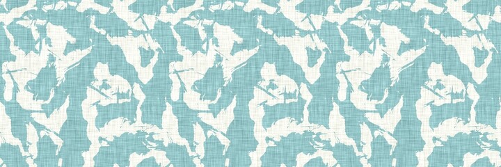 Aegean teal mottled border strip linen texture background. Summer coastal living style home decor fabric effect. Sea green wash grunge edge material. Decorative textile seamless pattern banner. 