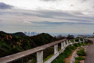 View of the Los Angeles skyline from Griffith Park on a hazy summer afternoon 