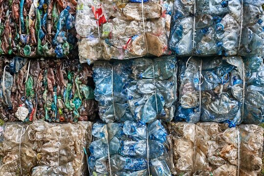 Plastic bottles in bales for waste recycling