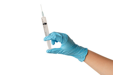 Hand in blue glove holding syringe isolated on white background.