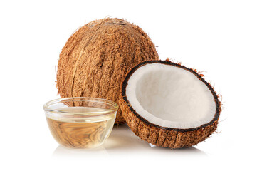 Coconut oil with coconut with half on white background