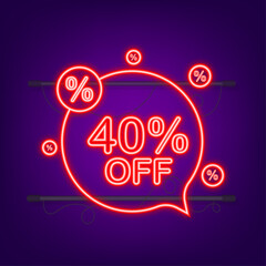 40 percent OFF Sale Discount Banner. Neon icon. Discount offer price tag. Vector illustration