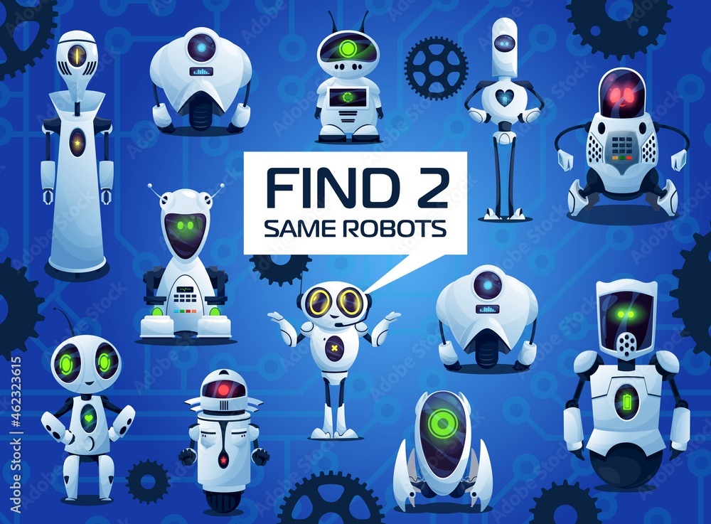 Leinwandbilder find two same robots cartoon kids game, vector riddle with ai cyborgs. children logic test with andr
