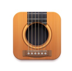 Obraz premium Guitar music app interface vector icon with acoustic guitar musical instrument, strings, neck, sound hole and bridge. Isolated 3d square button of mobile or web application ui or gui design