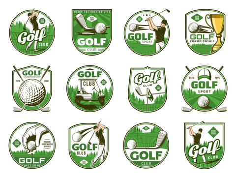 Golf sport vector icons of balls, clubs, tee and holes, golfer, flags and trophy cup. Golf player with equipment, cart and uniform cap on green grass play field or course isolated badges and icons