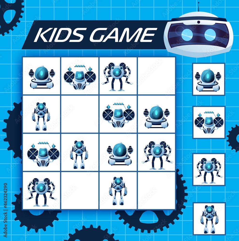Poster Sudoku kids game with robots, vector riddle with cartoon ai cyborgs, humanoids and androids characters on chequered board. Children logic maze, puzzle for leisure recreation, boardgame with cards