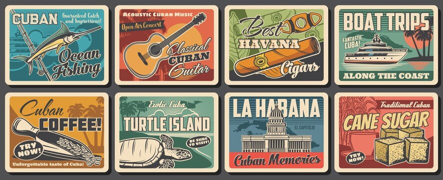 Cuba and Havana travel landmark retro posters. Vector Caribbean Sea beach, tropical palms, Cuban map, tobacco cigar, coffee and guitar, Havana capitol building, fishing boat, blue marlin and turtle