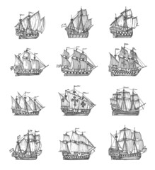 Vintage pirate sail ships and sailboats. Medieval caravel, frigate vessel sketches. Ancient geographical map element, treasure hunt and nautical travel adventure engraved vector icons with galleons © Vector Tradition