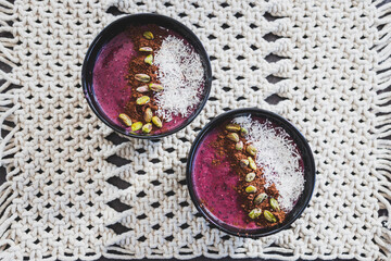 vegan acai pistachio coconut smoothie bowl, healthy plant-based food