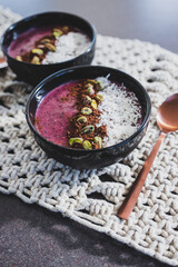 vegan acai pistachio coconut smoothie bowl, healthy plant-based food