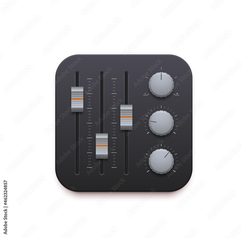 Aufkleber Sound mixer, music and sound record app 3d icon. Vector audio mixing console or music studio board panel isolated symbol with control knobs, switches, fader sliders, application interface button