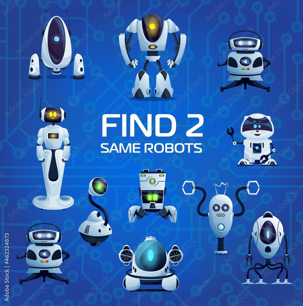 Leinwandbilder robots and droids find two same game, cartoon kids vector riddle with ai cyborgs. educational mind a