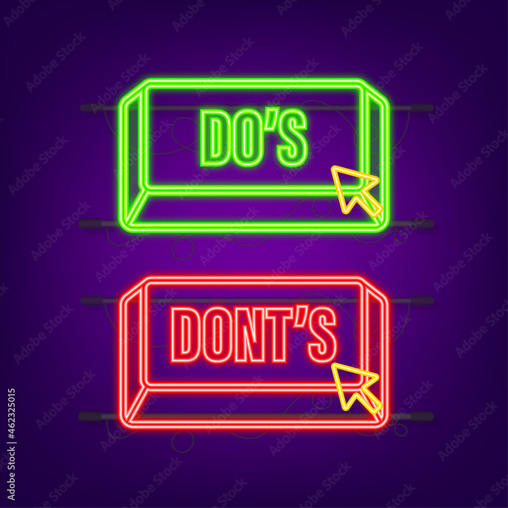 Poster do s and don ts neon button. flat simple thumb up symbol minimal round logotype element set. vector 