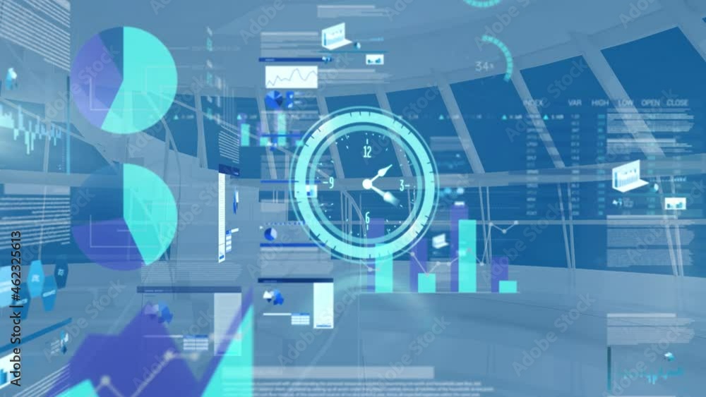 Poster Animation of moving clock and diverse data processing on office background