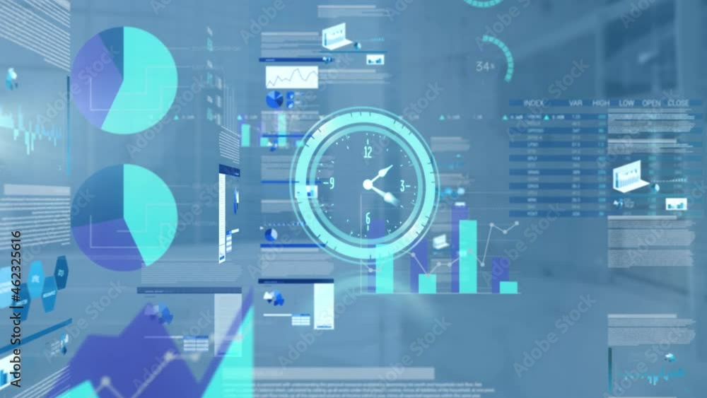 Poster Animation of moving clock and diverse data processing on office background