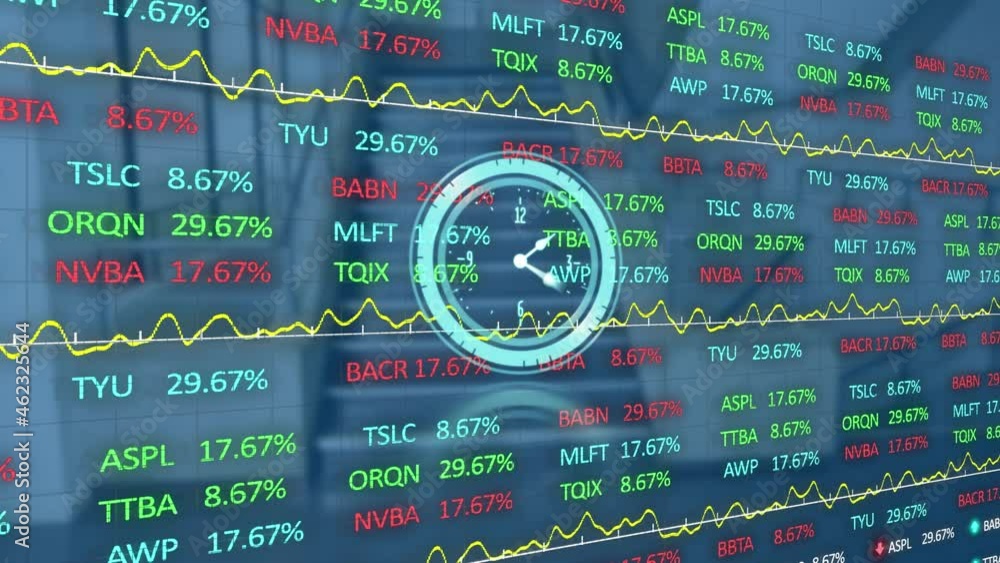 Poster Animation of moving clock and financial data processing over office in background