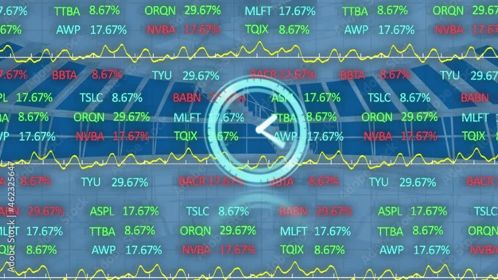 Poster Animation of moving clock and financial data processing over office in background