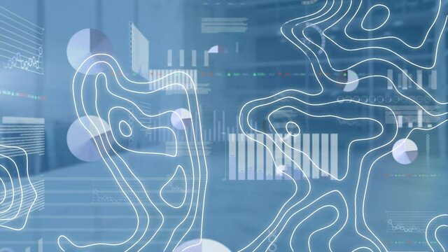 Animation of diverse data processing and isohypses over blue background