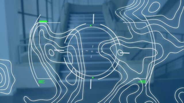 Animation of diverse data processing and isohypses over blue background