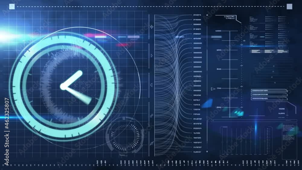 Poster animation of clock moving fast and data processing on screen