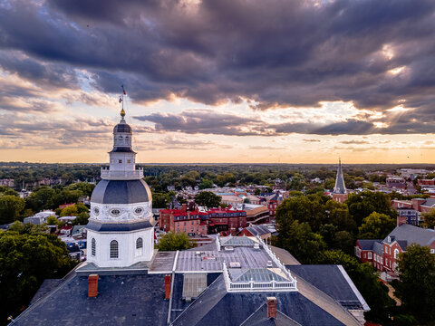 Aerial Drone Of 
Downtown Annapolis, With State House And City