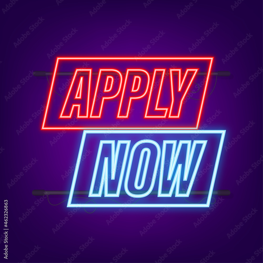 Poster apply now. web banner. arrow, cursor neon icon. arrow vector icon. hand click. vector stock illustra