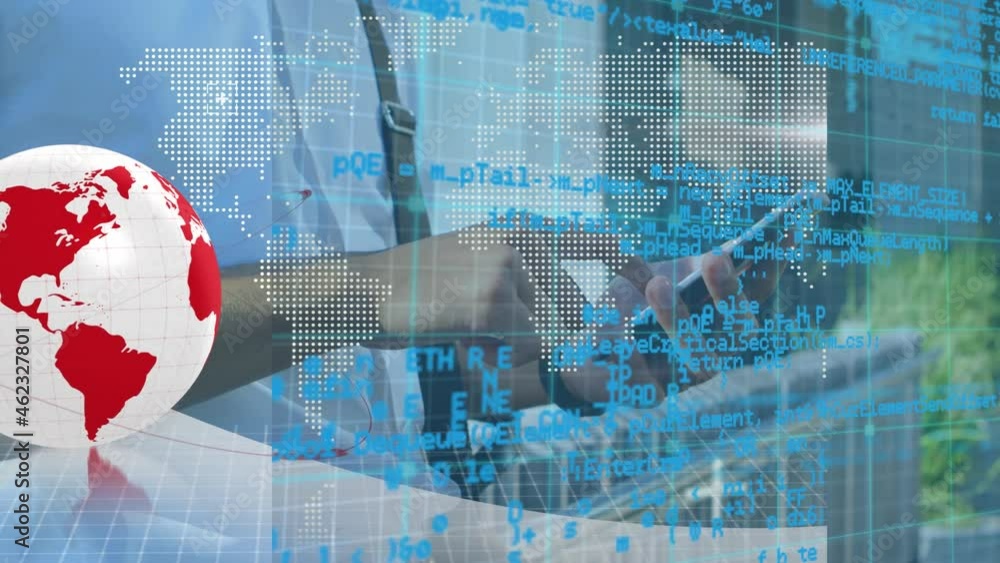 Poster animation of financial data processing over caucasian businessman using smartphone