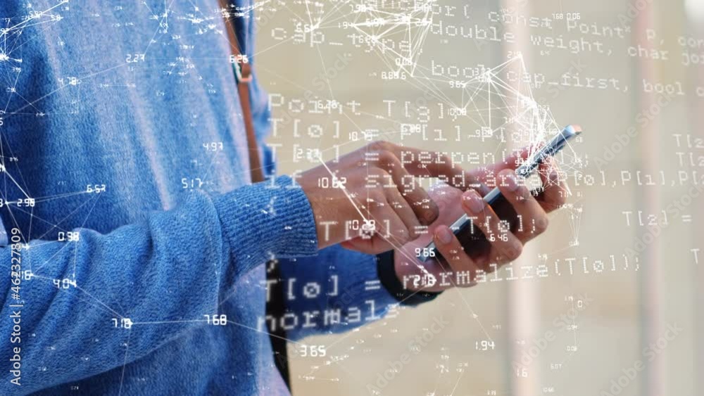 Poster animation of financial data processing over caucasian businessman using smartphone