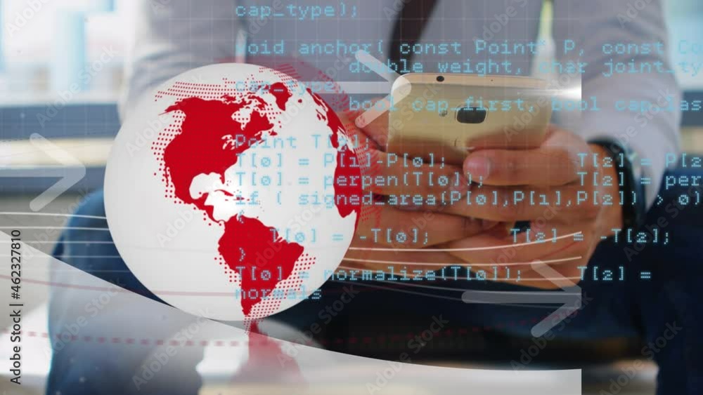 Poster animation of financial data processing over caucasian businessman using smartphone