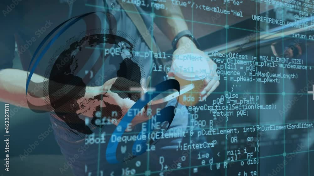 Poster animation of financial data processing over caucasian businessman using smartphone