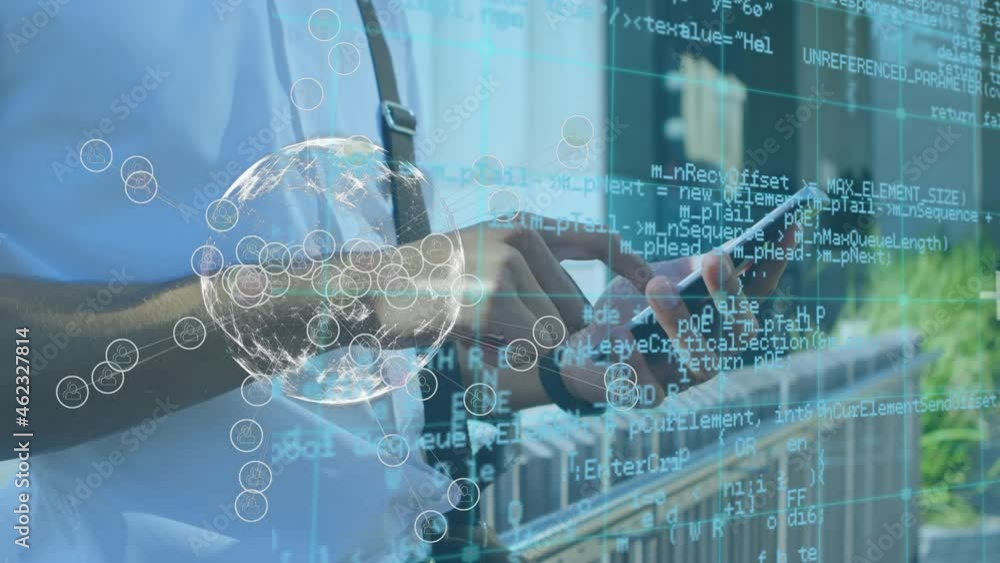 Poster animation of financial data processing over caucasian businessman using smartphone