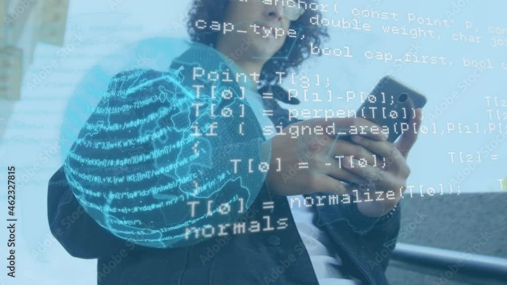 Poster animation of financial data processing over caucasian businessman using smartphone