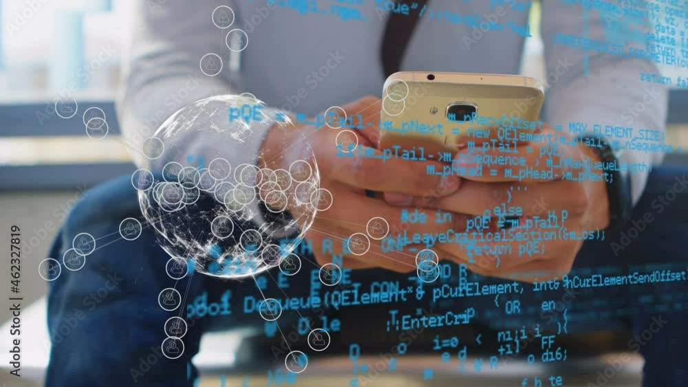 Poster animation of financial data processing over caucasian businessman using smartphone