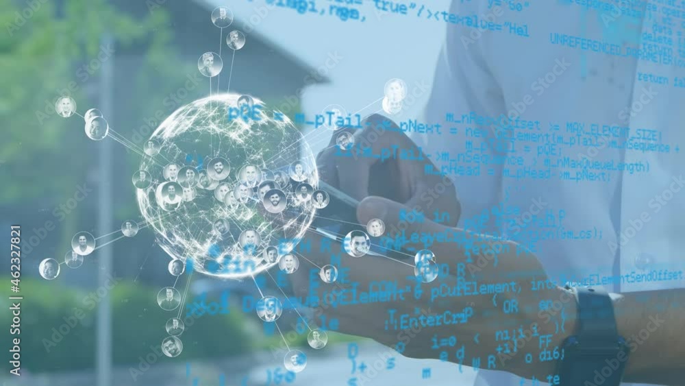 Poster animation of financial data processing over caucasian businessman using smartphone
