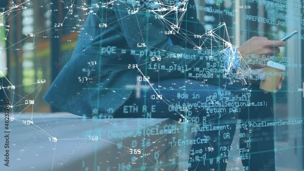 Poster animation of financial data processing over caucasian businessman using smartphone